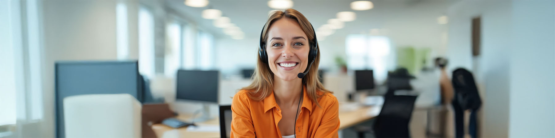 Eine junge Frau mit blonden Haaren trägt ein Headset und lächelt freundlich in die Kamera. Sie sitzt an einem Schreibtisch in einem modernen Büro mit Computern im Hintergrund. Die Frau trägt ein orangefarbenes Hemd und wirkt hilfsbereit und professionell.