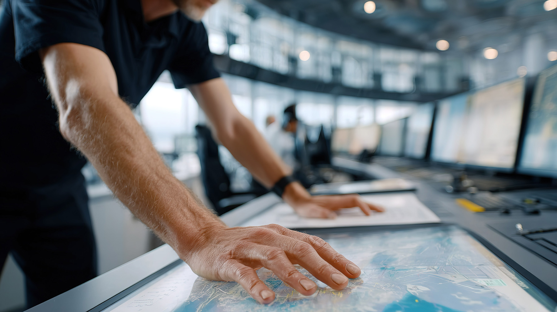 Ein Mann legt seine Hand auf eine digitale Karte in einem Kontrollraum, umgeben von Bildschirmen und technischen Geräten. Die Atmosphäre wirkt konzentriert und professionell.