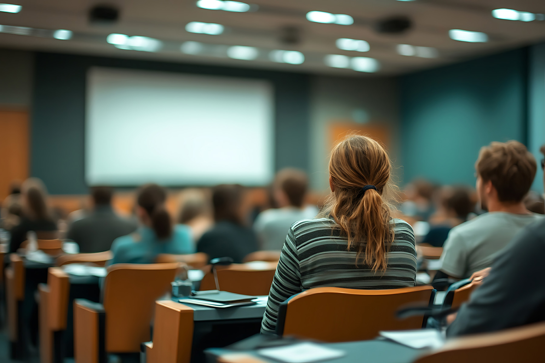 Eine Gruppe von Studierenden sitzt in einem Seminarraum, die meisten von ihnen sind von hinten zu sehen. Im Hintergrund ist eine große Leinwand sichtbar, die momentan leer ist. Die Atmosphäre wirkt ruhig und konzentriert.